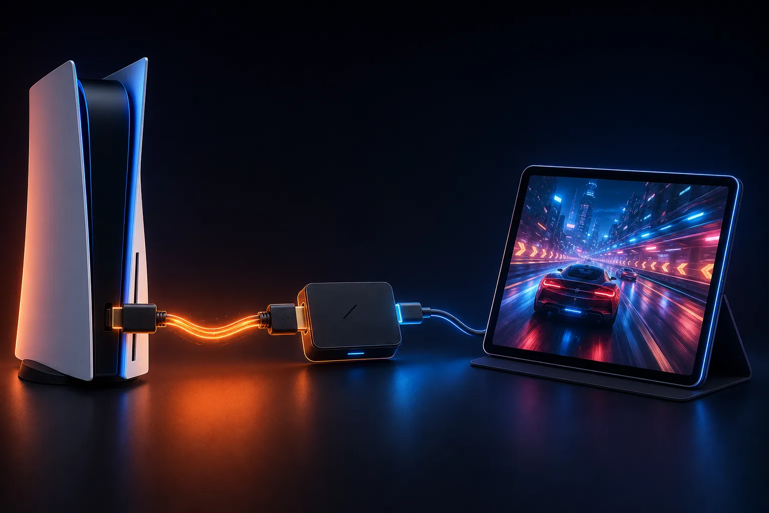 A neon HDMI cable plugging into a translucent tablet