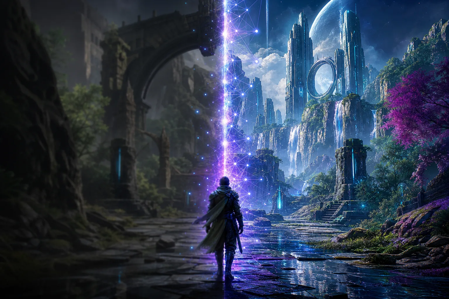 A game world transforming through a luminous AI portal — sharper and more vivid on the enhanced side